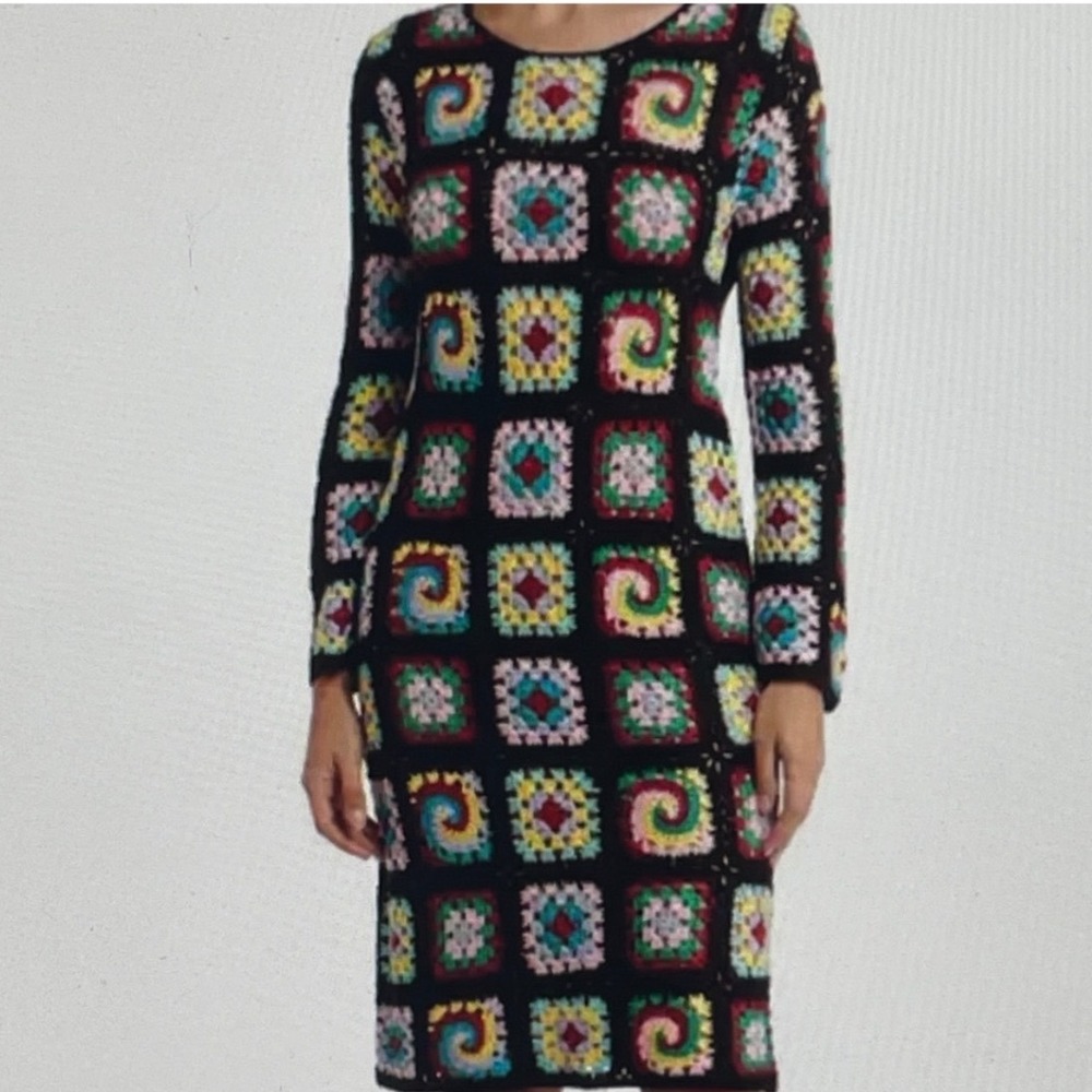 Cotton Emporium Womens Crochet Granny Square Mini Dress Black Multi Color Sz S